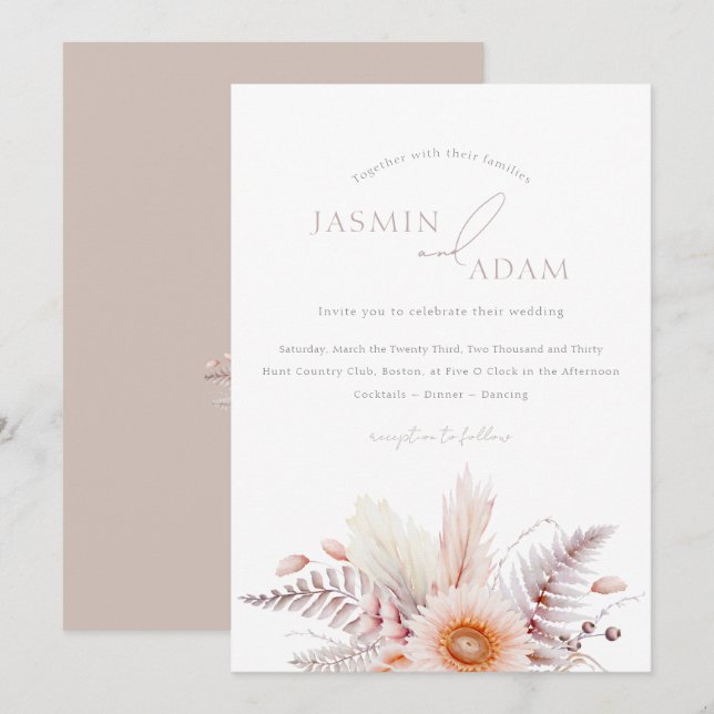 Invitación Boda Boho Blush Pampas Daisy (Anverso / Reverso)