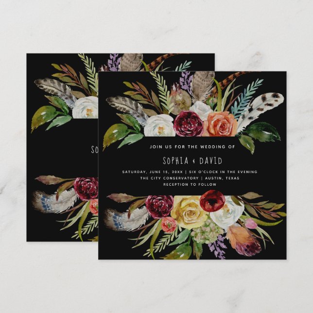 Invitación Boda Boho Borgoña y flores Naranjas en negro (Anverso / Reverso)