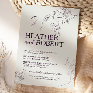 Invitación Boda Boho Botánico Morado Moderno