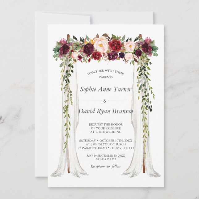 Invitación Boda Boho Burgundy Red Pink Floral Canopal (Anverso)