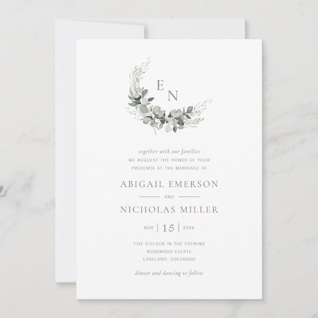 Invitación Boda Boho Chic Acuarela Eucalipto (Anverso)