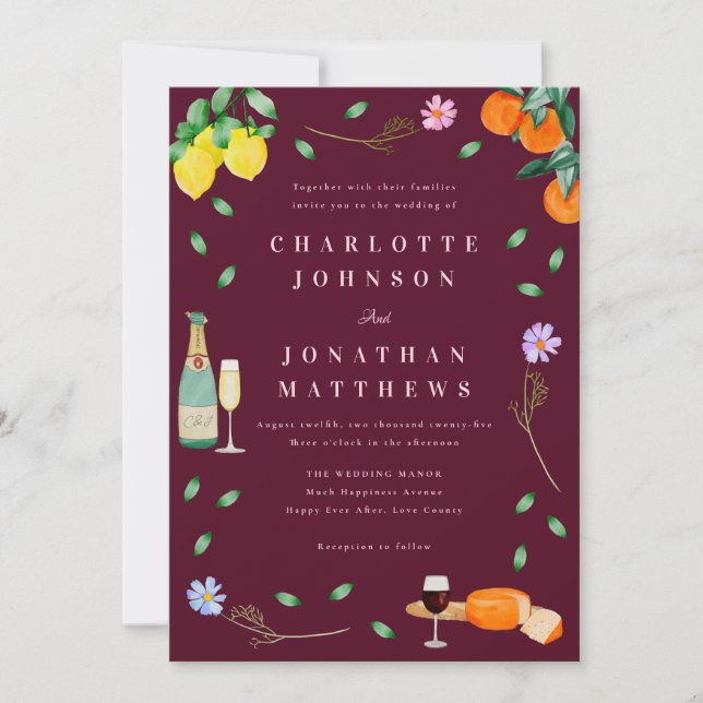 Invitación Boda Boho Chic Cítrico Rústico Borgoña Rosa (Anverso)