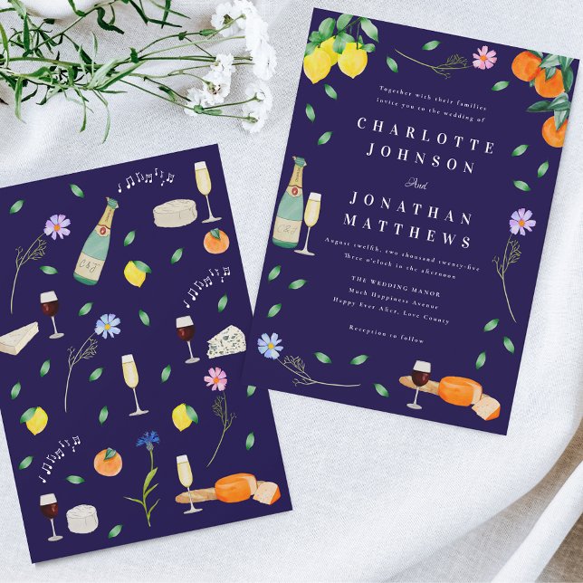 Invitación Boda Boho Citrus y Vino Azul Marino (Wildflower boho citrus floral wine and cheese navy blue Wedding invitation barn backyard wedding)