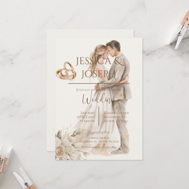 Invitación Boda boho con anillo y silueta de novios (Anverso/Reverso In Situ)