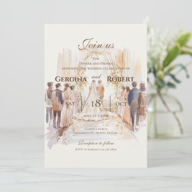 Invitación Boda Boho con silueta de novia y novio (Anverso de pie)