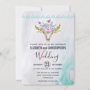 Invitación Boda Boho Cráneo con un Ramo Floral