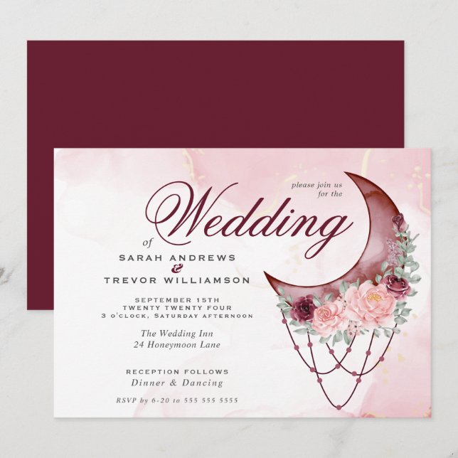 Invitación Boda Boho Crescent rosa Moon Mandala (Anverso / Reverso)