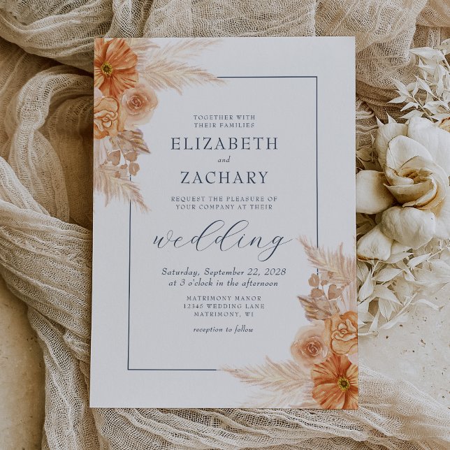 Invitación Boda Boho de Flor Seca Azul Marino (Subido por el creador)