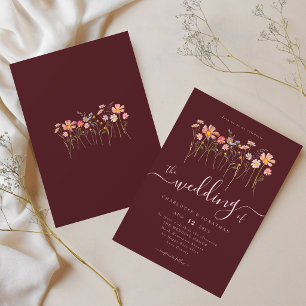 Invitación Boda Boho de Flor Silvestre Burgundy y Rosa Blush