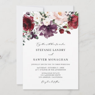 Invitación Boda Boho de flores acuarela rojas y moradas