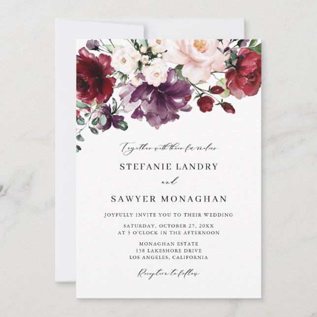Invitación Boda Boho de flores acuarela rojas y moradas (Anverso)