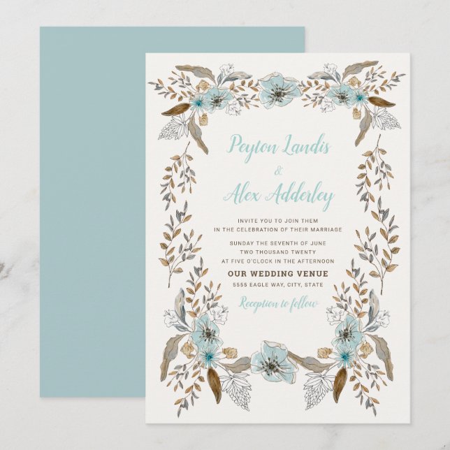Invitación Boda boho de flores marrones azules polvorientas r (Anverso / Reverso)
