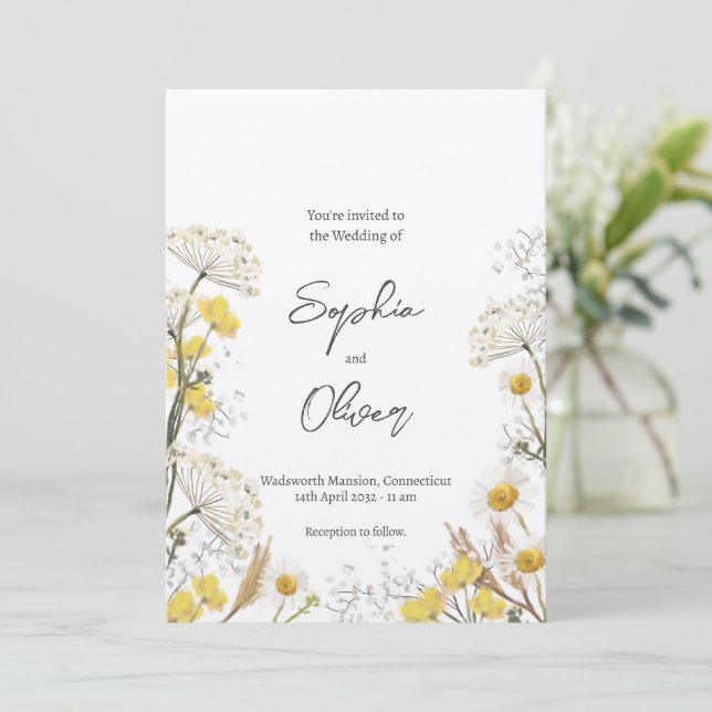 Invitación Boda Boho de Flores Silvestres Amarillas Neutrales (Anverso de pie)
