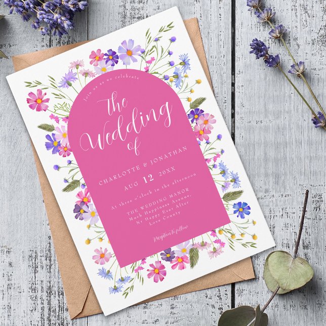 Invitación Boda Boho de flores silvestres vibrantes (Wildflower boho hot pink script wedding invitation )