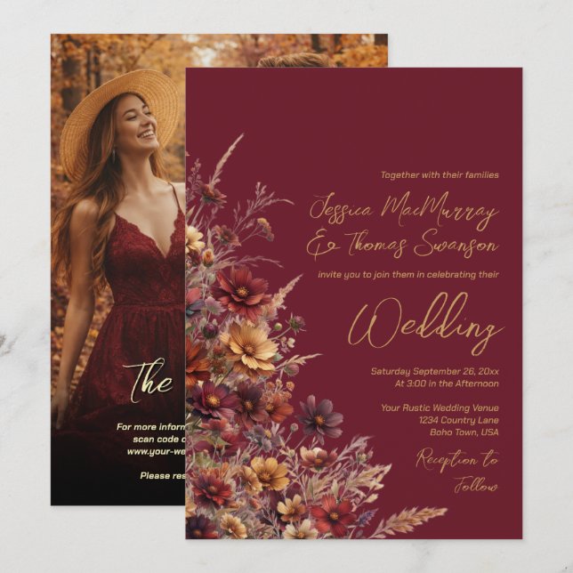 Invitación Boda Boho de Flores Silvestres y Código QR de Foto (Anverso / Reverso)