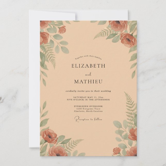 Invitación Boda Boho de Helecho de Terracota (Anverso)