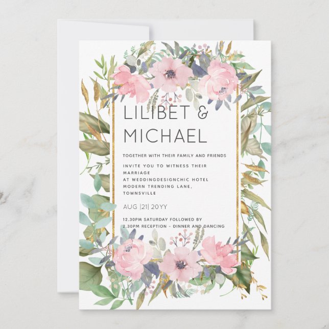 Invitación Boda Boho de la vegetación floral rosa de Rubor (Anverso)