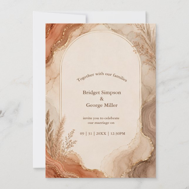 Invitación Boda boho de mármol de ágata terracota rústica (Anverso)