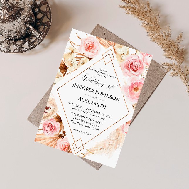 Invitación Boda Boho de oro floral rosa y pekinés (Subido por el creador)