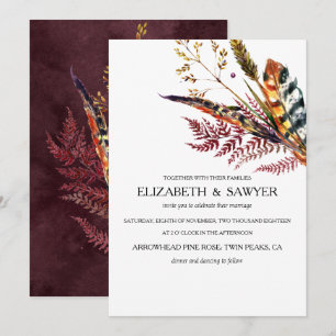Invitación Boda boho de otoño en burgundy y naranja