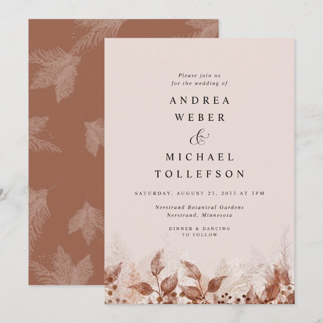 Invitación Boda Boho de Pasto Pampas Marrón Bronceado Óxido (Anverso / Reverso)