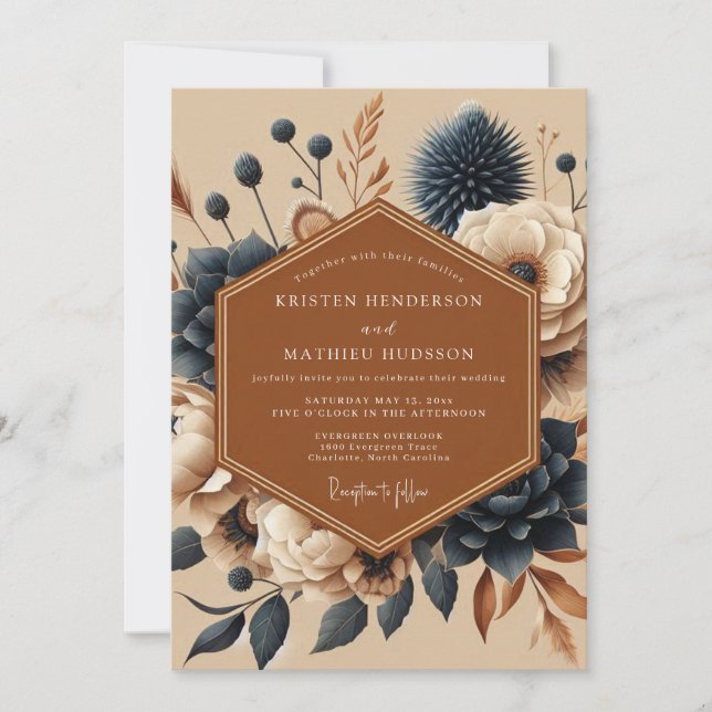Invitación Boda Boho de Terracota Azul Marino (Anverso)