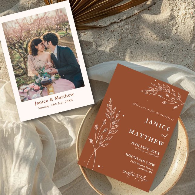 Invitación Boda Boho de Terracota Mínima Naranja Quemada (Minimalist terracotta boho wedding invitation sets your tone with warm elegance and a personal touch)
