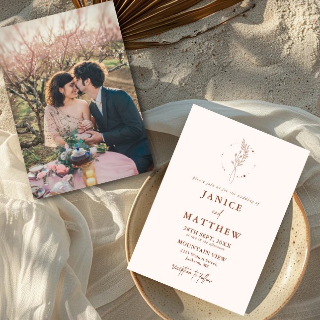 Invitación Boda Boho de Terracota Mínima Naranja Quemada (Minimalist terracotta boho wedding invitation sets a warm tone and reflects your personal style)