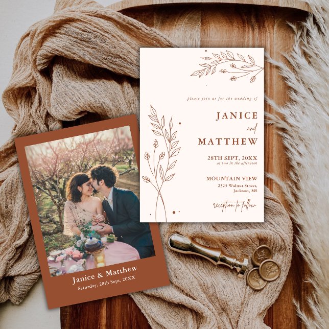 Invitación Boda Boho de Terracota Mínima Naranja Quemada (Minimalist terracotta boho wedding invitation announces your day with warm, personalized elegance)