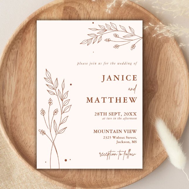 Invitación Boda Boho de Terracota Mínima Naranja Quemada (Minimalist terracotta boho wedding invitation sets a warm tone and adds a personal touch)
