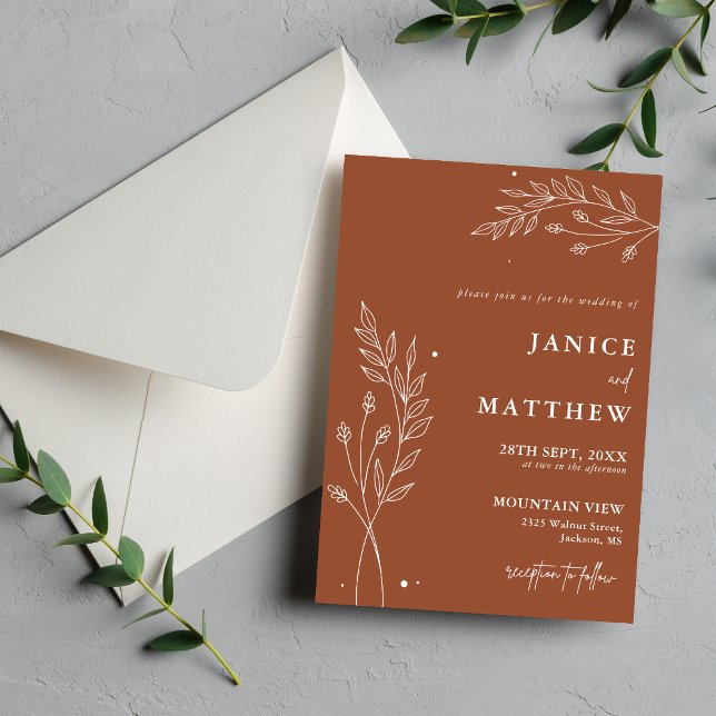 Invitación Boda Boho de Terracota Mínima Naranja Quemada (Terracotta boho wedding invitation announces your day with warm elegance and personal style)