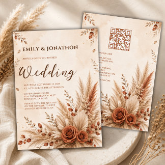 Invitación Boda Boho de Terracota Rústica con Hierba de Pampa