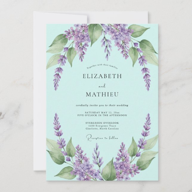 Invitación Boda Boho de Wisteria Morada y Menta (Anverso)
