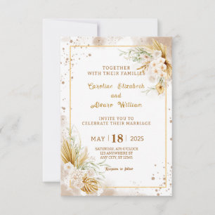 Invitación Boda Boho Dorado con Hierba de Pampas y Orquídea