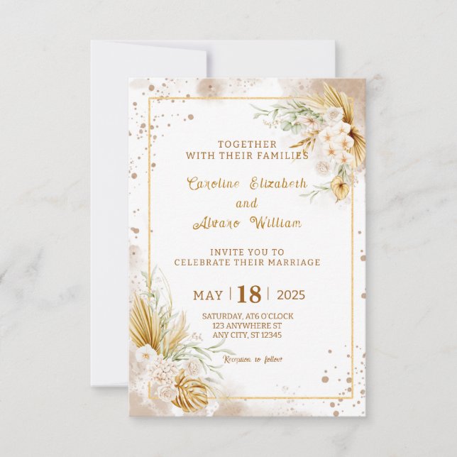 Invitación Boda Boho Dorado con Hierba de Pampas y Orquídea  (Anverso)