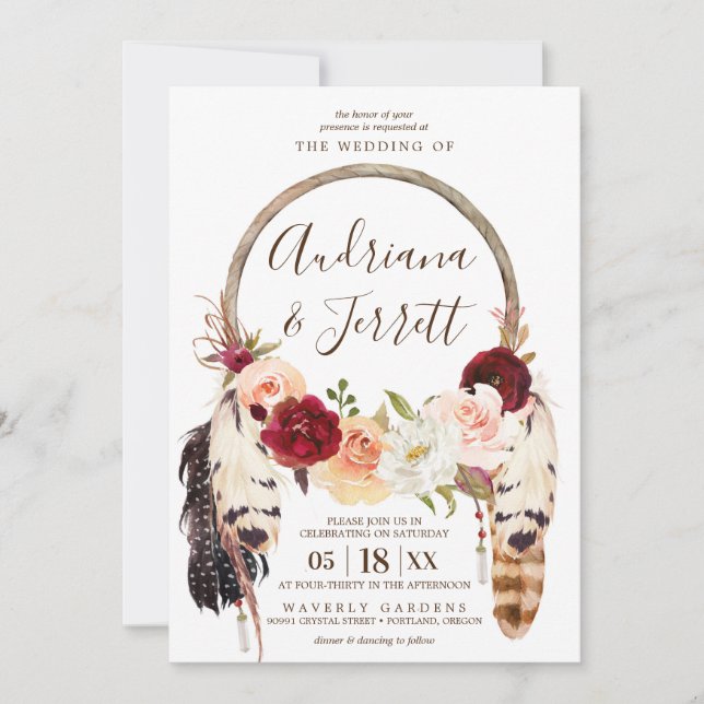 Invitación Boda Boho Dreamcatcher Rosa de Rubor y Peach (Anverso)