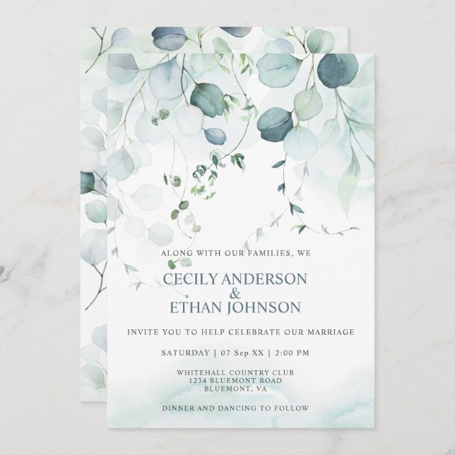 Invitación Boda Boho Dusty Blue & Sage Green Eucalyptus (Anverso / Reverso)
