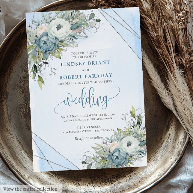 Invitación Boda Boho Dusty Blue Silver Peonies de lujo (Luxury Boho Dusty Blue Silver Peonies Wedding Invitation)