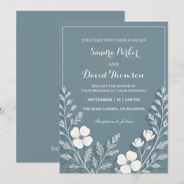 Invitación boda boho elegante de wildflower periwinkle (Anverso / Reverso)