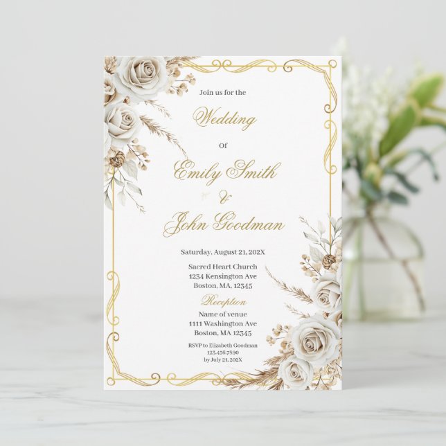 Invitación Boda boho elegante flor blanca (Anverso de pie)