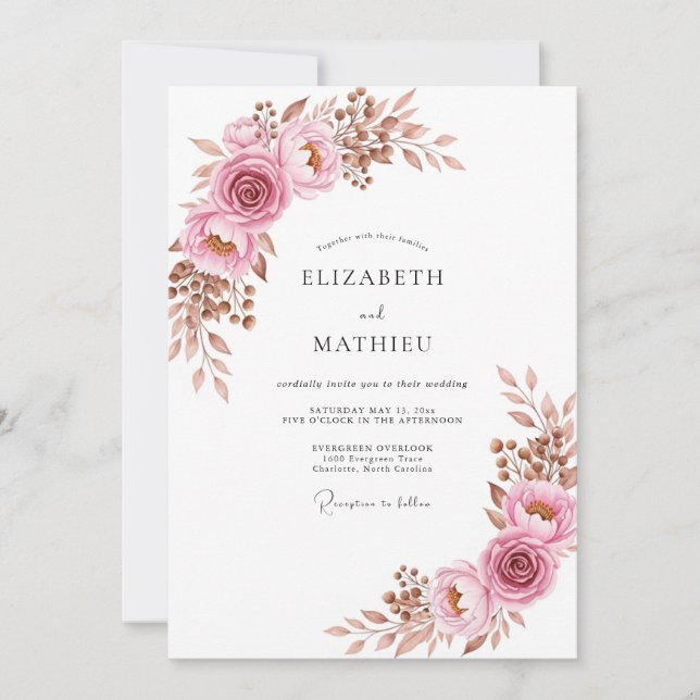 Invitación Boda Boho Elegante Rosa Polvorienta (Anverso)