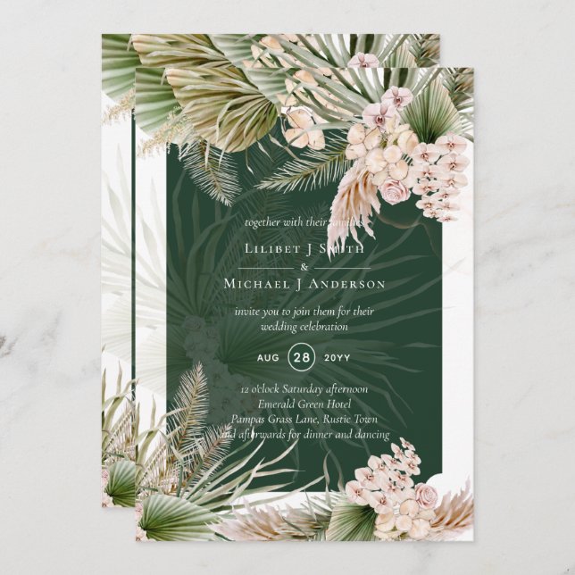 Invitación BODA BOHO Emerald Green Pampas Grass Peach (Anverso / Reverso)