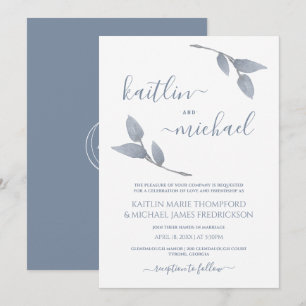 Invitación Boda Boho Enredaderas Hojas Simples Azul Polvorien