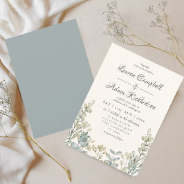 Invitación Boda Boho Eucalipto Acuarela Azul y Beige