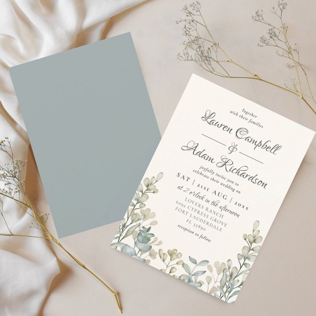 Invitación Boda Boho Eucalipto Acuarela Azul y Beige (Subido por el creador)