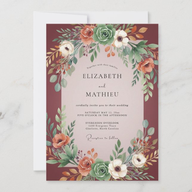 Invitación Boda Boho Eucalipto Suculento Borgoña (Anverso)