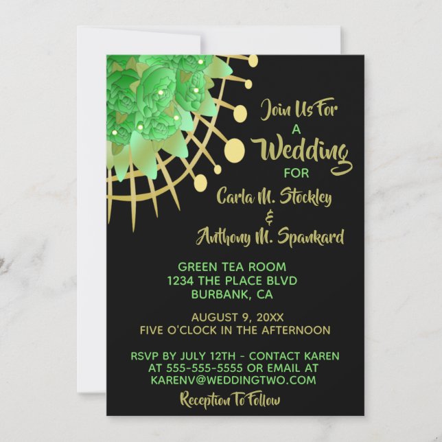 Invitación Boda Boho Eucalyptus Greenery Black & Gold (Anverso)