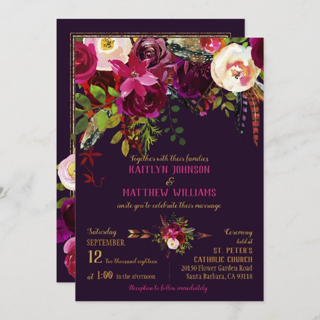 Invitación Boda Boho Fall Floral Arrow Bouquet (Anverso / Reverso)