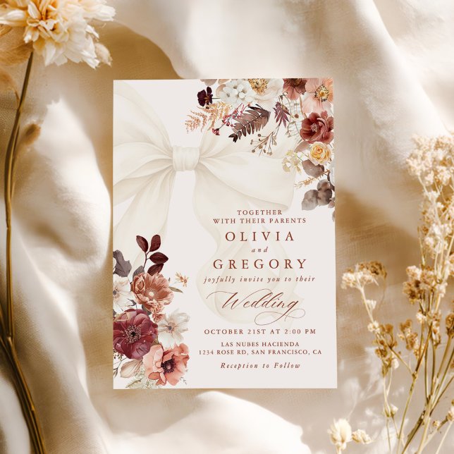 Invitación Boda Boho Fall Floral White Bow (Subido por el creador)