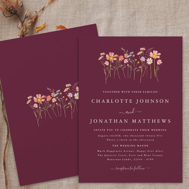 Invitación Boda Boho Fall Wildflower Borgoña y Terracotta (Boho fall wildflower meadow burgundy terracotta wedding invitation watercolor florals elegant modern)